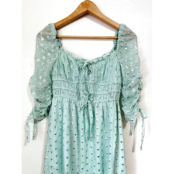 FOR LOVE & LEMONS NWT Eden Silk Metallic Hearts Midi Dress Mint Silver Size S - Picture 6 of 13